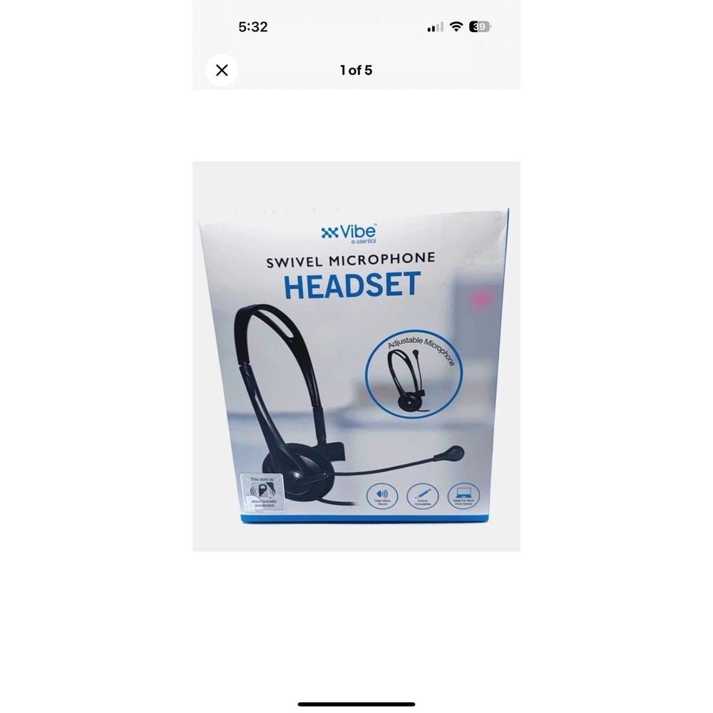 Vibe e-ssential Swivel Microphone Headset, 3.5mm Plug-In Mono Adjustable, New